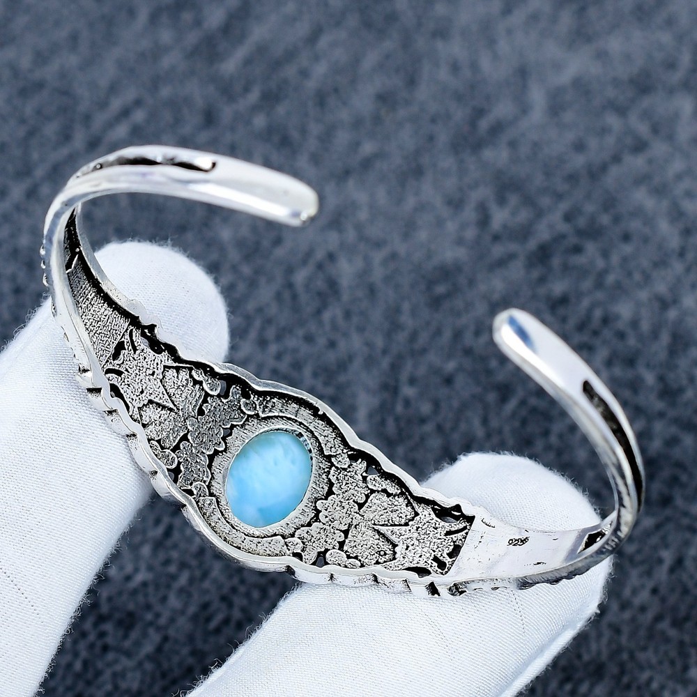 Natural Larimar Gemstone Bangle 925 Sterling Silver Bangle Cuff, Gifts