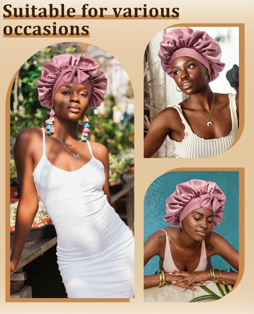 Extra Large Satin Bonnet for Sleeping Jumbo Silk Large, Bean Paste + Pink