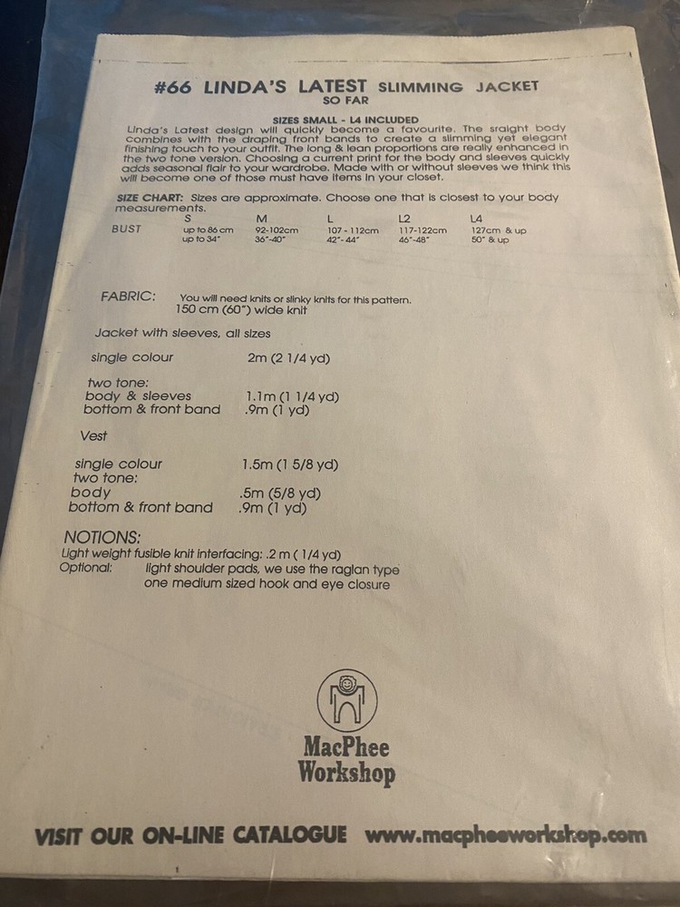 MacPhee Patterns Book Slimming Jacket #66 Sealed Uncut