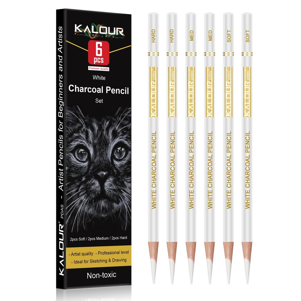 White Charcoal Drawing Pencils Professional Art Set 6 Pack
