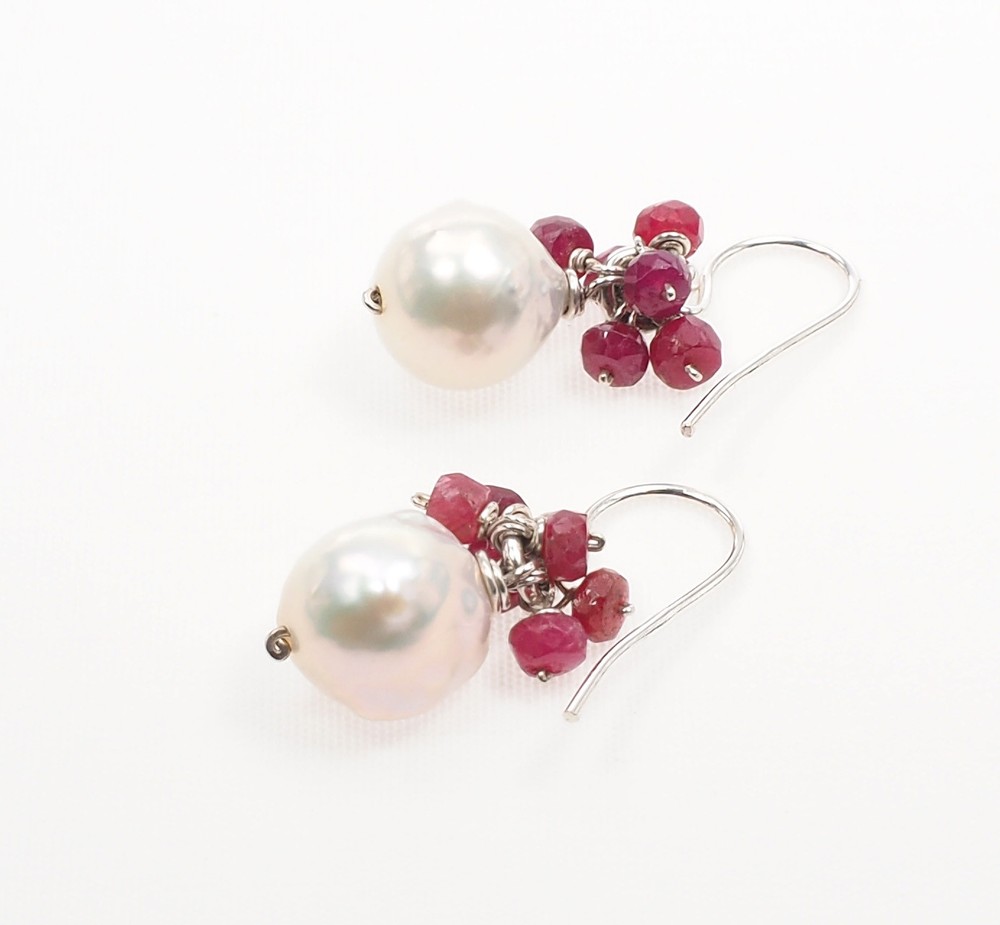 Genuine Faceted Ruby White Freshwater Pearl Cluster Drop Dangle Silver Earrings
