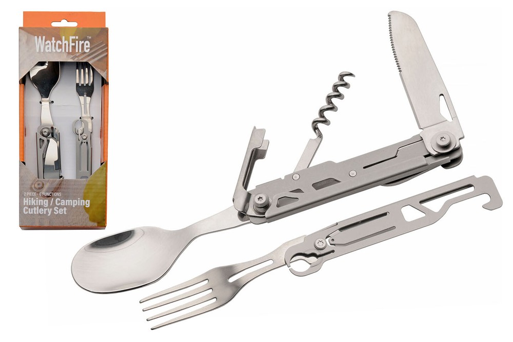 New Camping Cutlery Set Mess Kit WatchFire Compact 2 Pc 6 Function Stainless