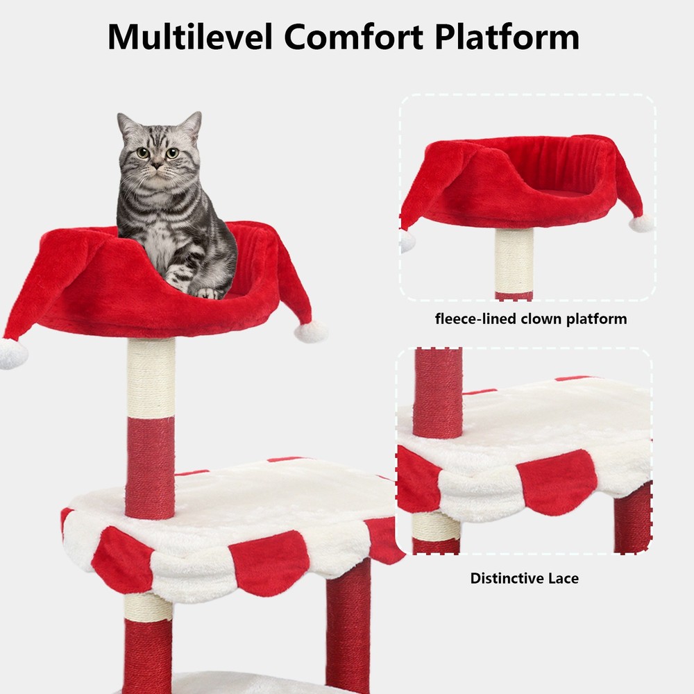Cat Tree with Cozy Perch & Scratching Posts - Red & White Design Multi NEW