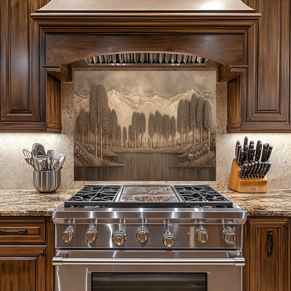 Copper Look Nature Landscape Glass Backsplash • Rustic Wall Art Panel