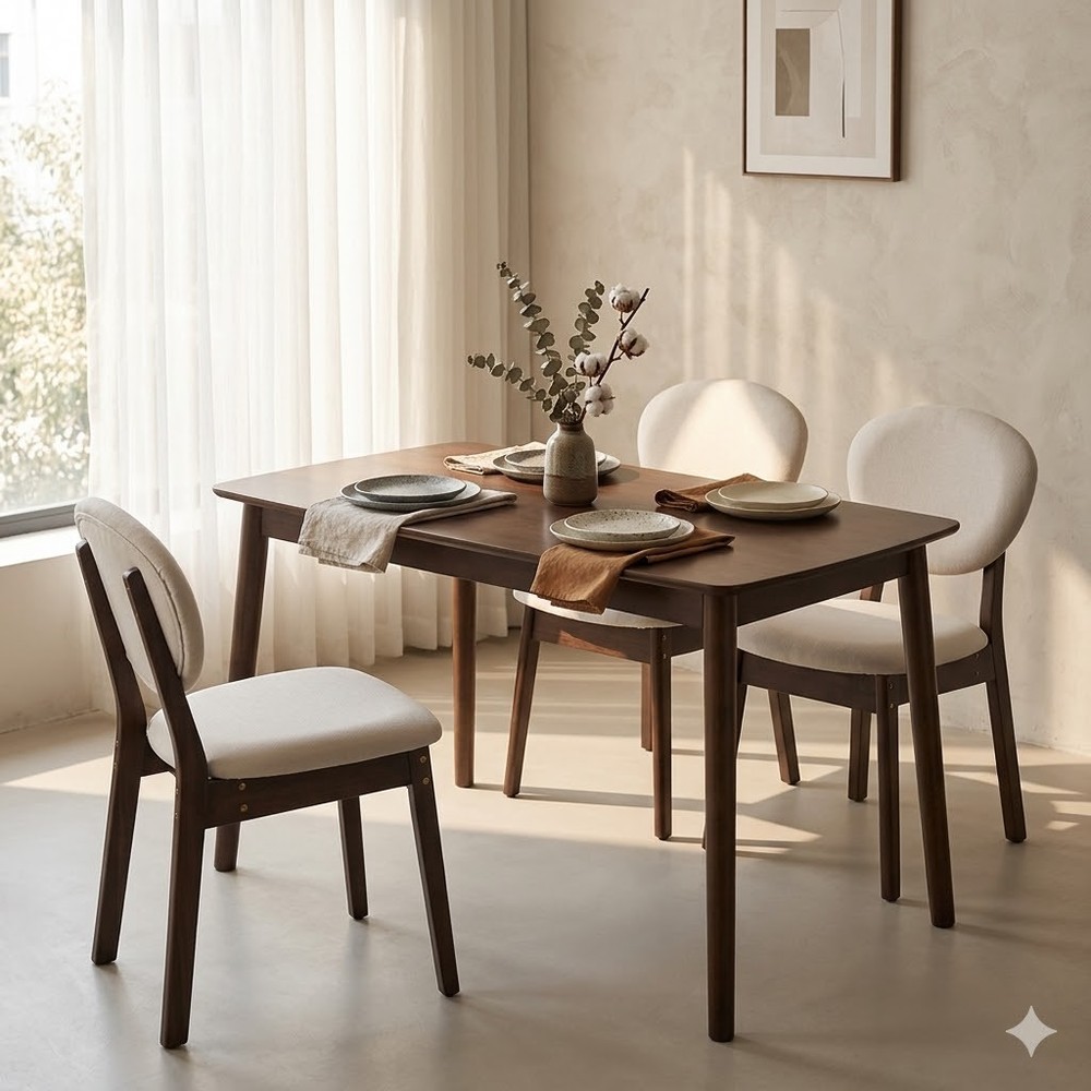 5pc Solid Wood Dining Set Deep Walnut Table & 4 Beige Padded Chairs Space-Saving
