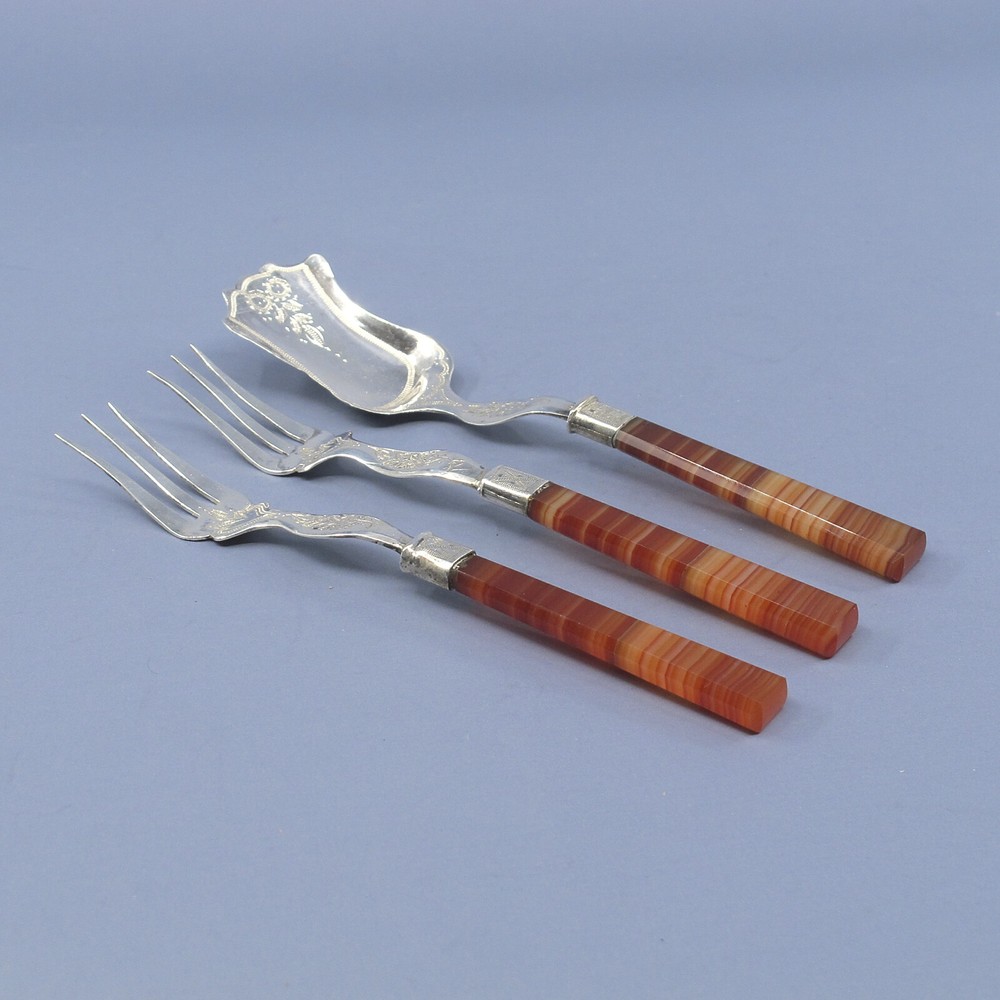 Dutch .835 Silver 3-Piece Agate Handled Serving Set 2 Forks & Server No Monogram