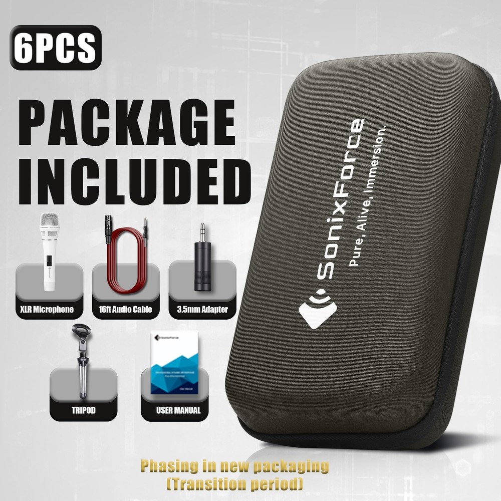 SonixForce Dynamic Microphone - Premium Handheld Wired Mic with 16ft A-White