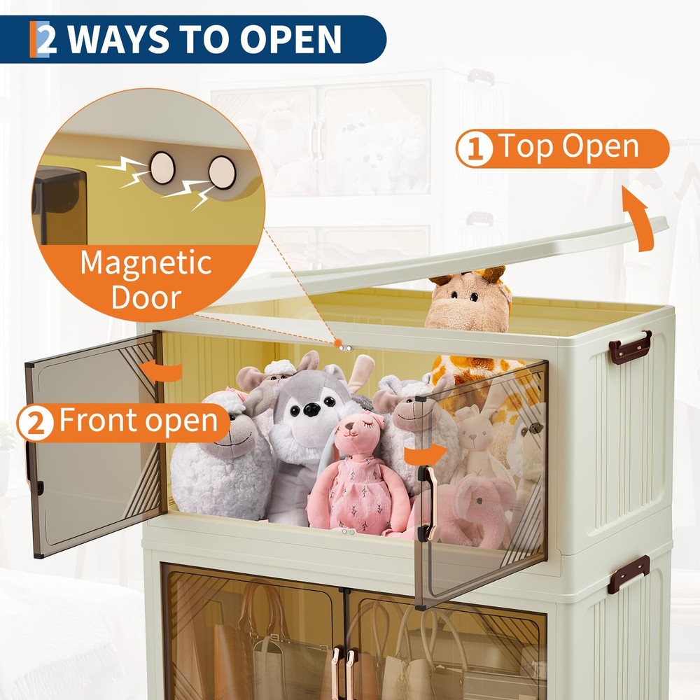 192QT Stackable Storage Bins, Folding Storage with Magnetic Doors & Wheels, L...