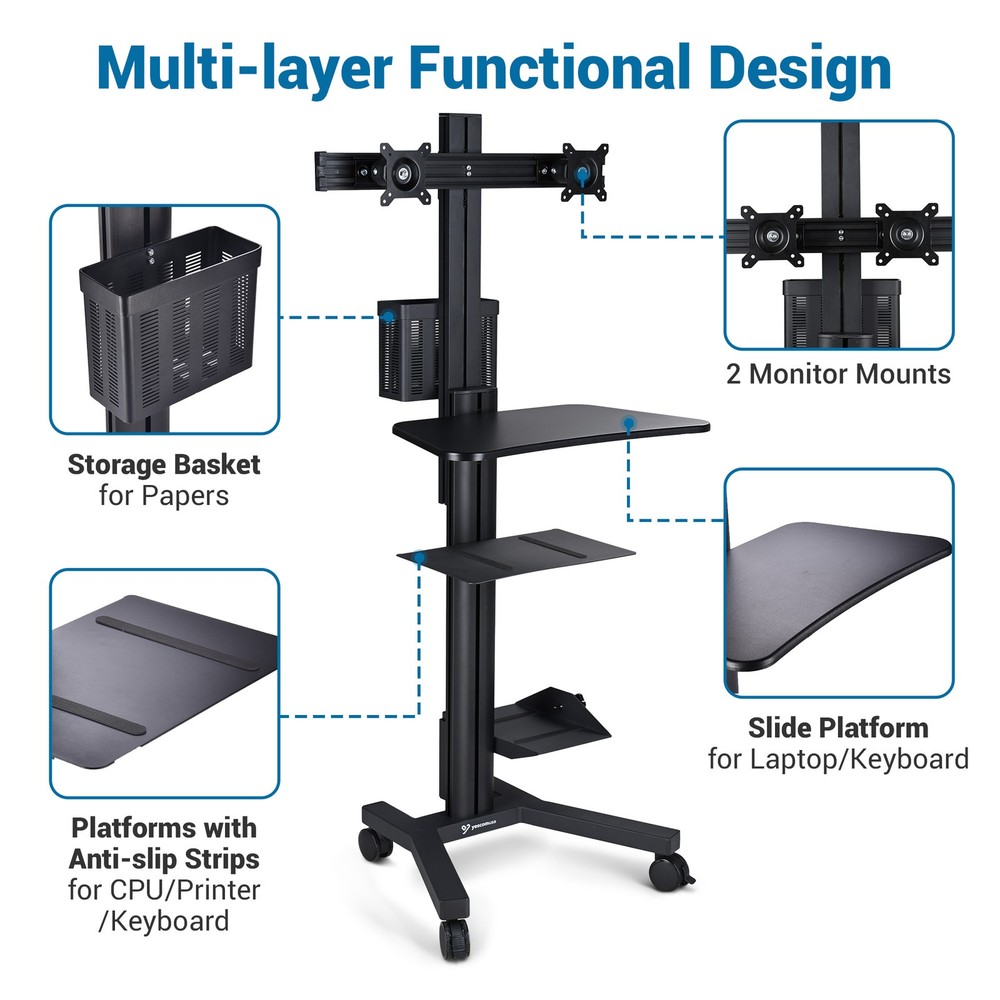 YesSources Mobile Computer Stand Workstation 2 Monitor Mount w/ Additional Pole