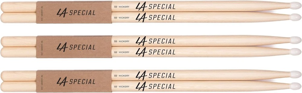 La Specials 5B Hickory Drumsticks With Nylon Tip Three Pair Set Usa Made