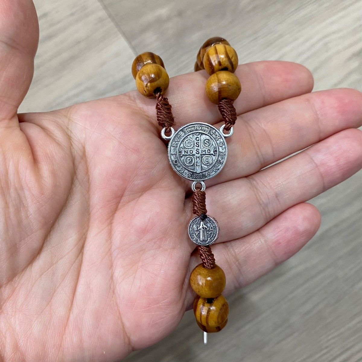 Saint St Benedict Wooden Rosary & Pouch Prayer Beads Crucifix Rosario San Benito