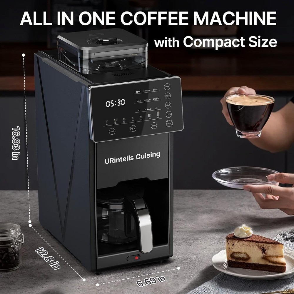 Coffee Maker with Grinder, Programmable Hot and Cold Coffee Maker with 22 oz