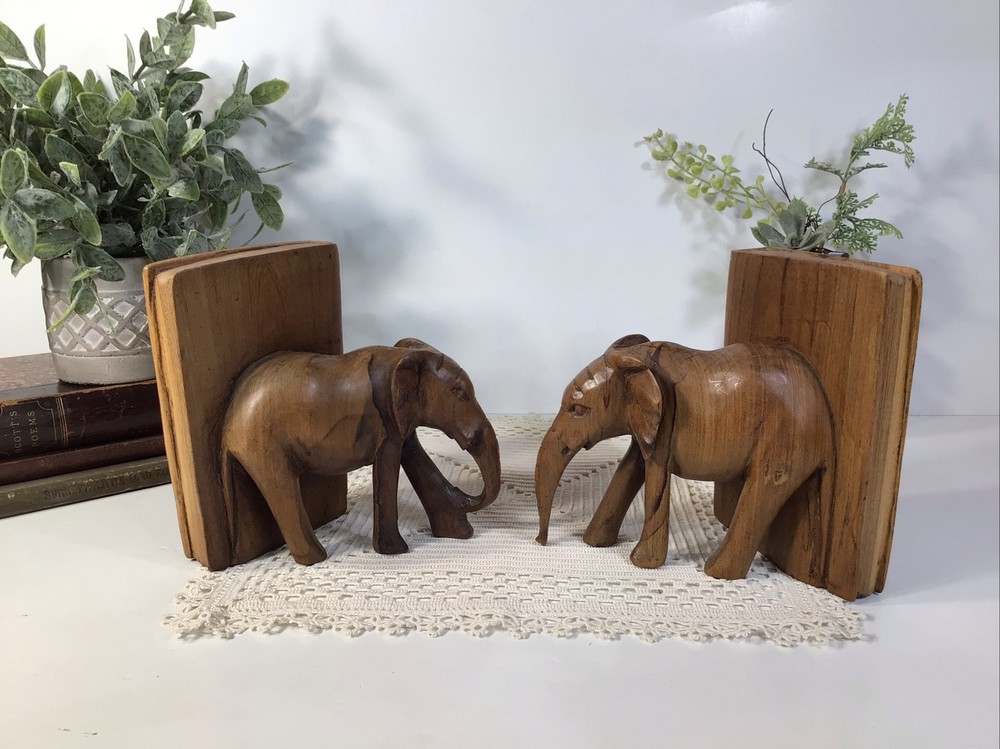 Elephant Bookends~Hand Carved Solid Wood~6” Tall~