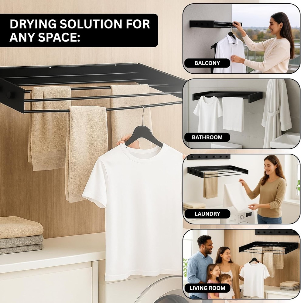 31.5" Wall Mounted Drying Racks for Laundry Retractable Clothes Rack - black