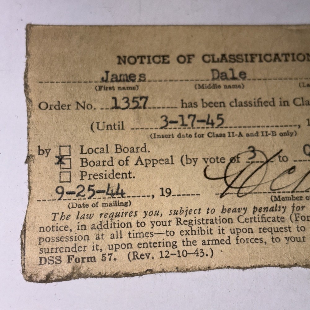Notice Of Classification DSS Form 57 Class II-B 9/25/45 James Stringer