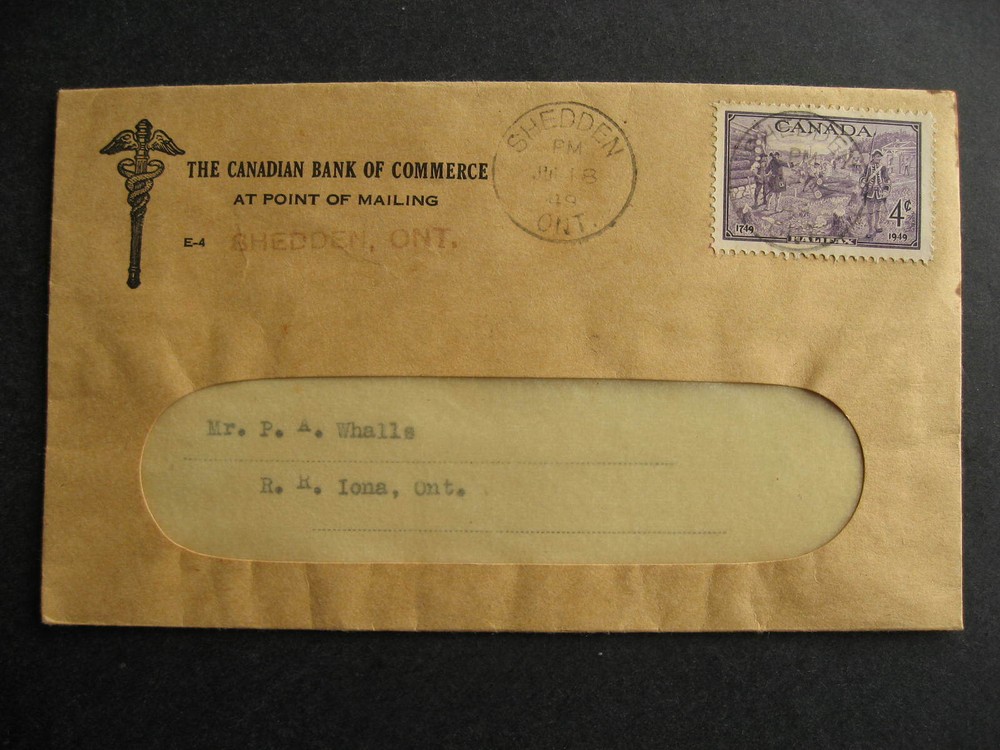Canada split ring cancel Iona Station 1949 CIBC cover, Iona, Shedden