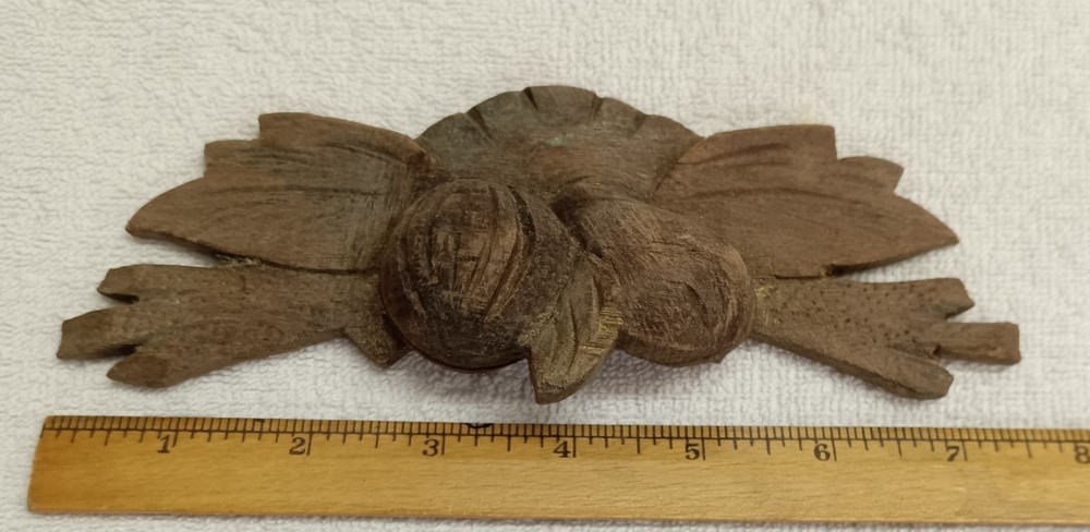 ANTIQUE WALNUT CARVED LEAF, FRUIT AND NUT PATTERN DRAWER, BIN, DOOR, HANDLE