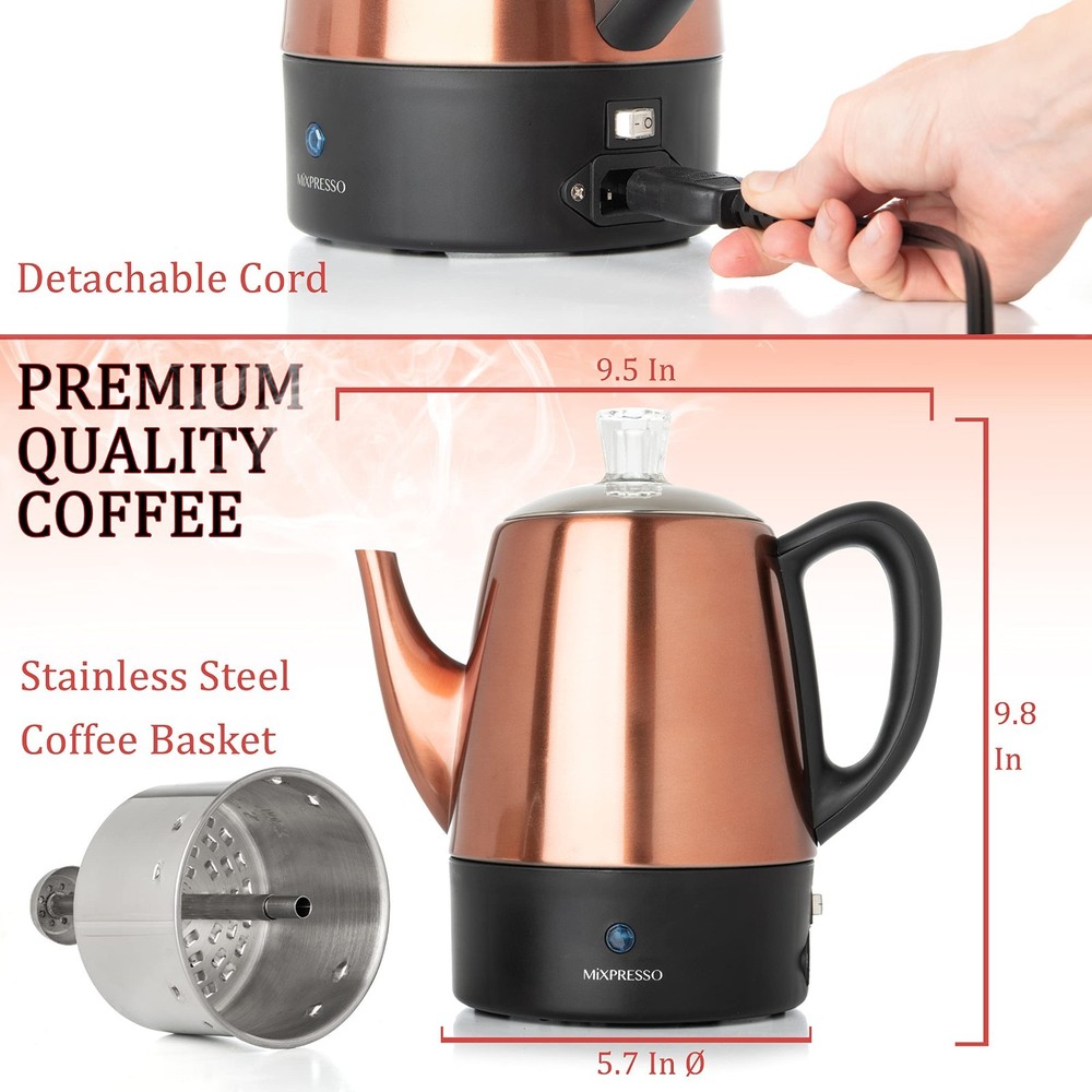 Electric Coffee Percolator 4 Cup Copper Stainless Steel Pot Keep Warm Function