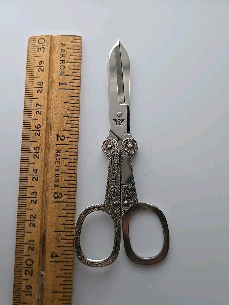 Japanese Sterling Folding Sewing Scissors Etched Design with Case