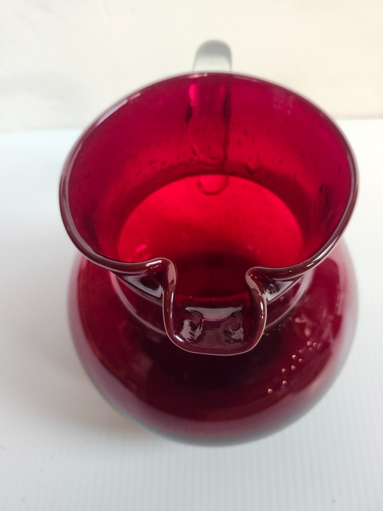 Artland Iris Ruby Red Hand Blown 80 oz Pitcher – 7.25" Tall, Seeded Bubbles