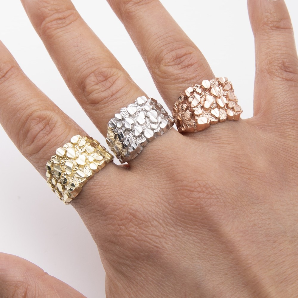SOLID 10K Gold Large Square Nugget Ring Yellow White Rose Gold