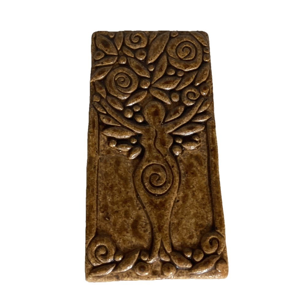 Tree Goddess Rectangle Art Pottery Tile Brown Drip Glazed