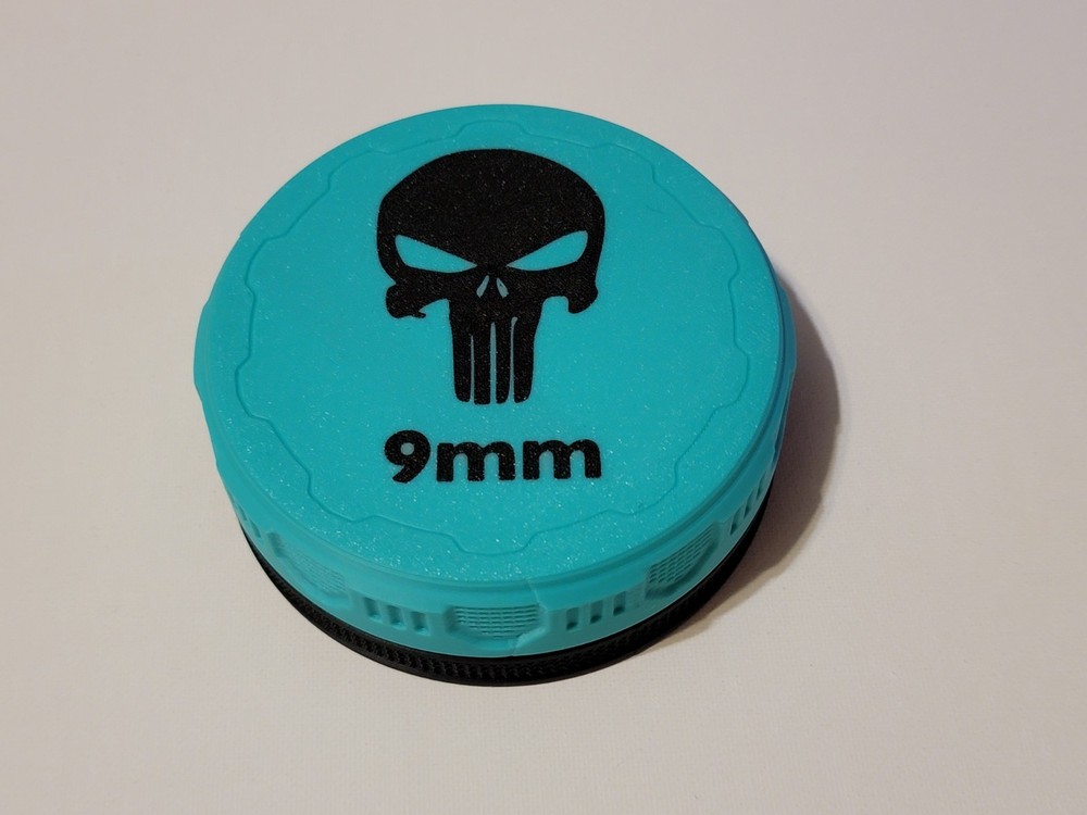 3D Printed Round 9mm Ammo Box screw on 55 rd Punisher Mint Green Black Stackable