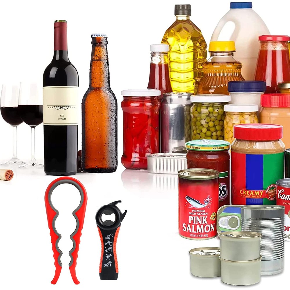 Jar Opener Bottle for Weak Hands, 5 in 1 Multi Function Can RedGrey