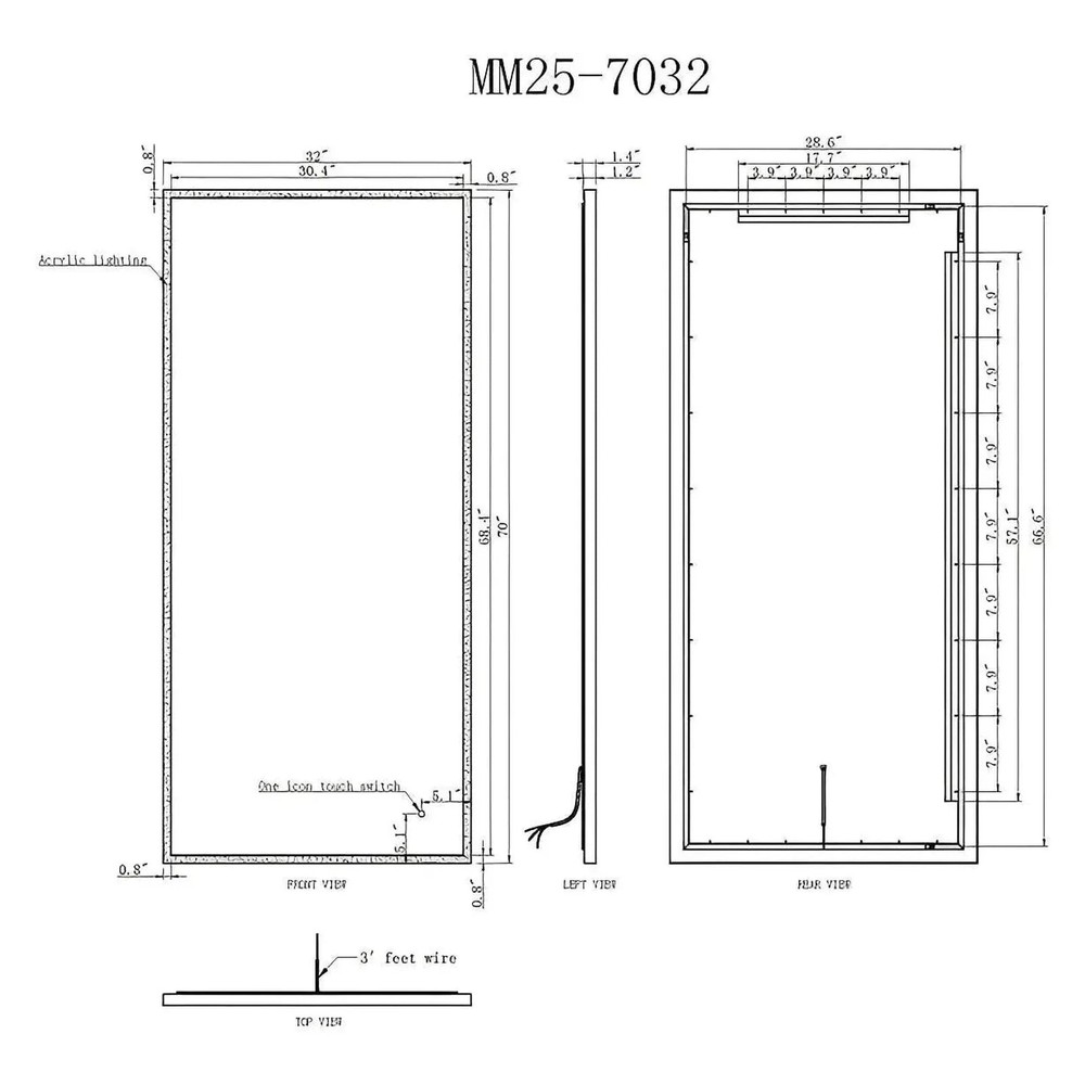 LYRA LED ILLUMINATED VANITY RECTANGLE MIRROR - 70 x 32