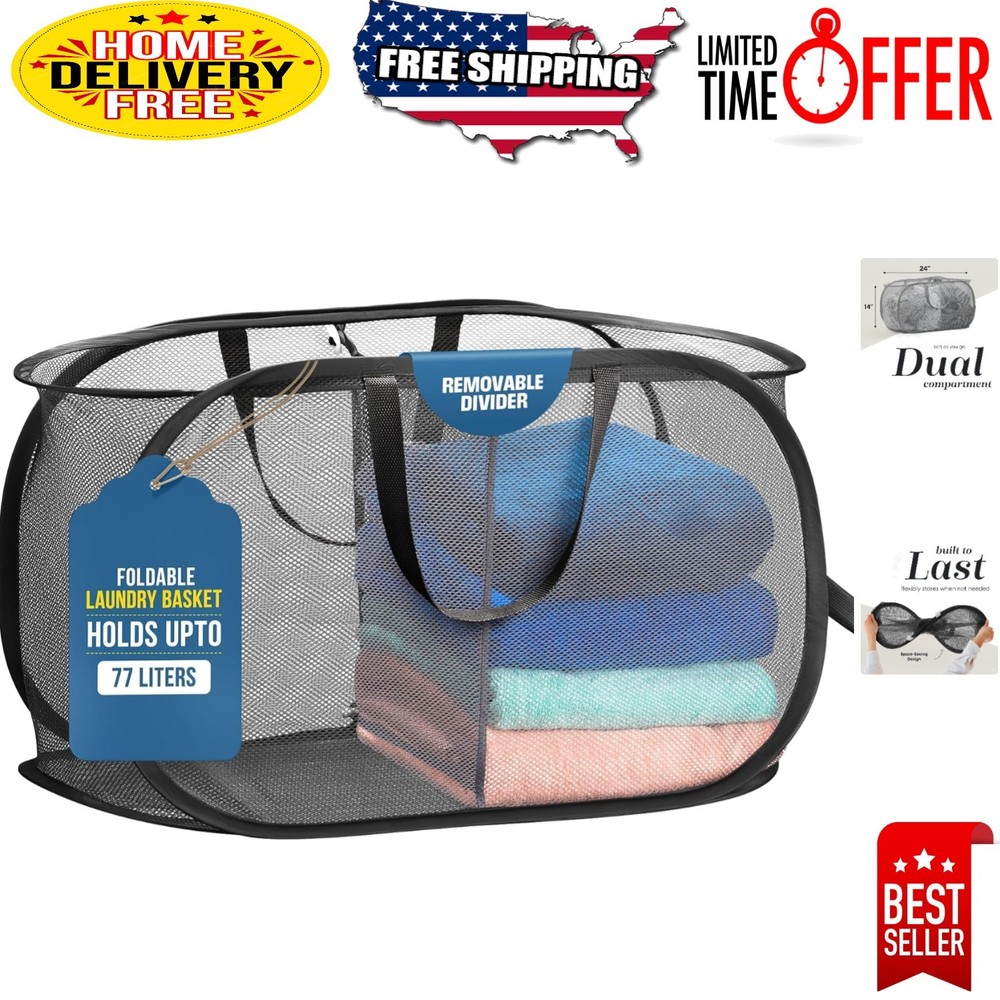 Lightweight Foldable Laundry Basket with Easy Carry Handles - Black Mesh Design