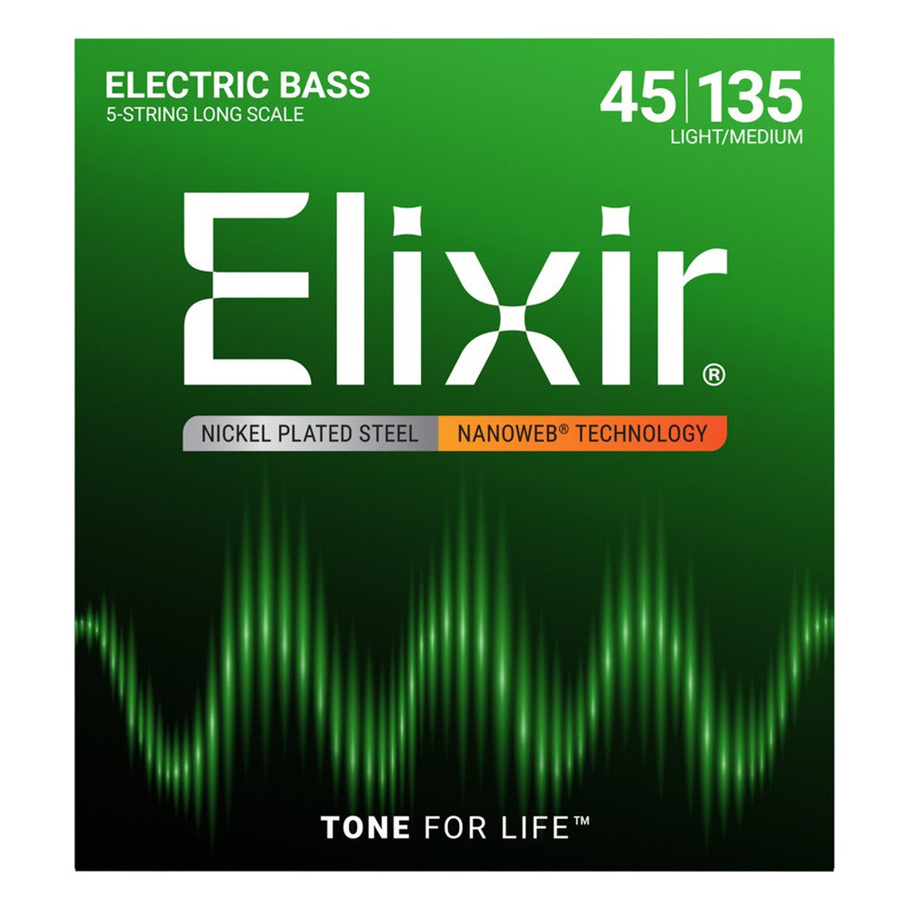 Elixir Nanoweb Nickel-Plated 5-String Bass Strings, Light Medium Long 45-135