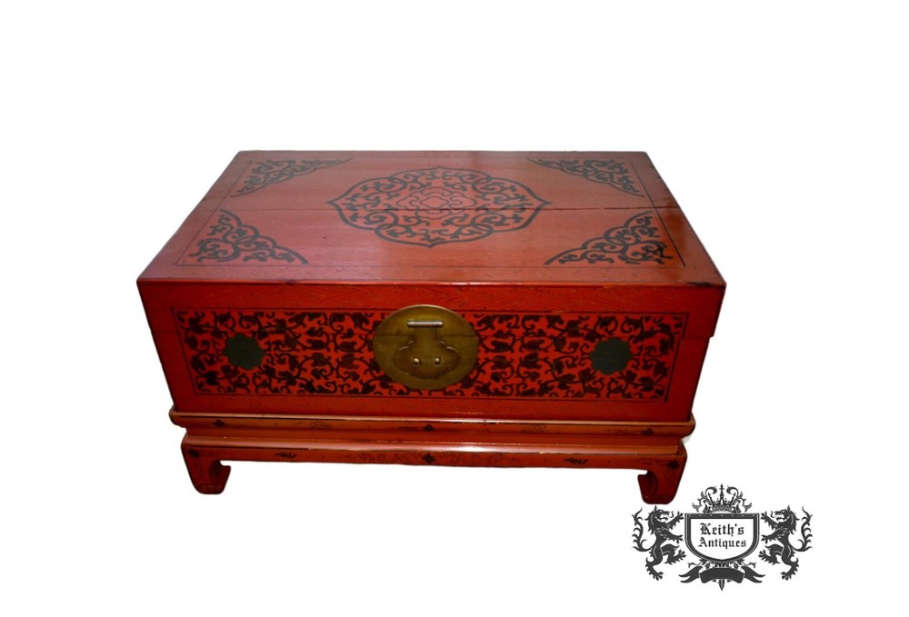 Antique Painted Asian Trunk on Stand