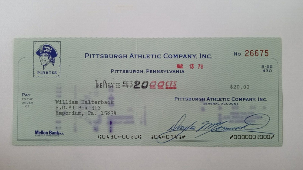 William Halterback: 1978 Pittsburgh Pirates Expense Check