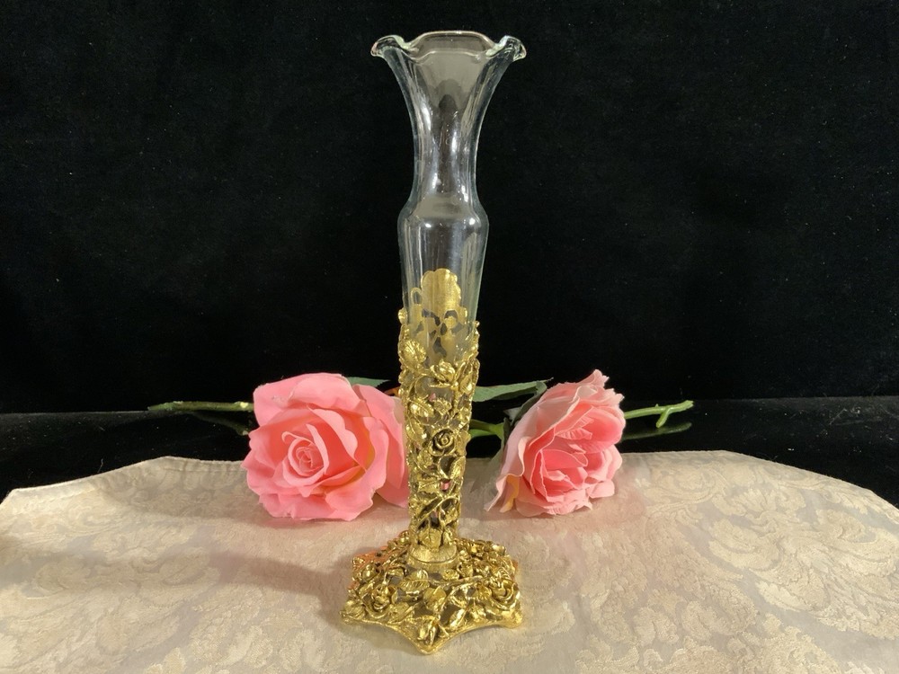 Vintage Matson Rose Ormolu Hollywood Regency Bud Vase 8 1/2"