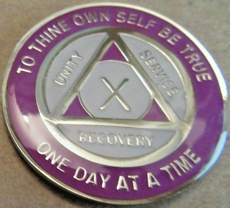 Glow Purple White Silver Alcoholics Anonymous 10 Year AA Medallion Sober Token