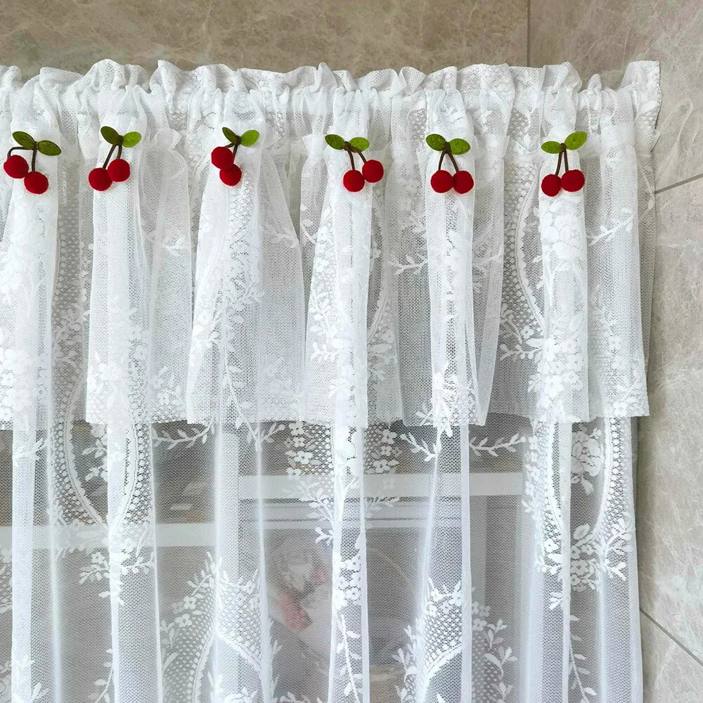 White Lace Short Kitchen Curtain Rod Pocket Sheer Double Layer Half Curtains