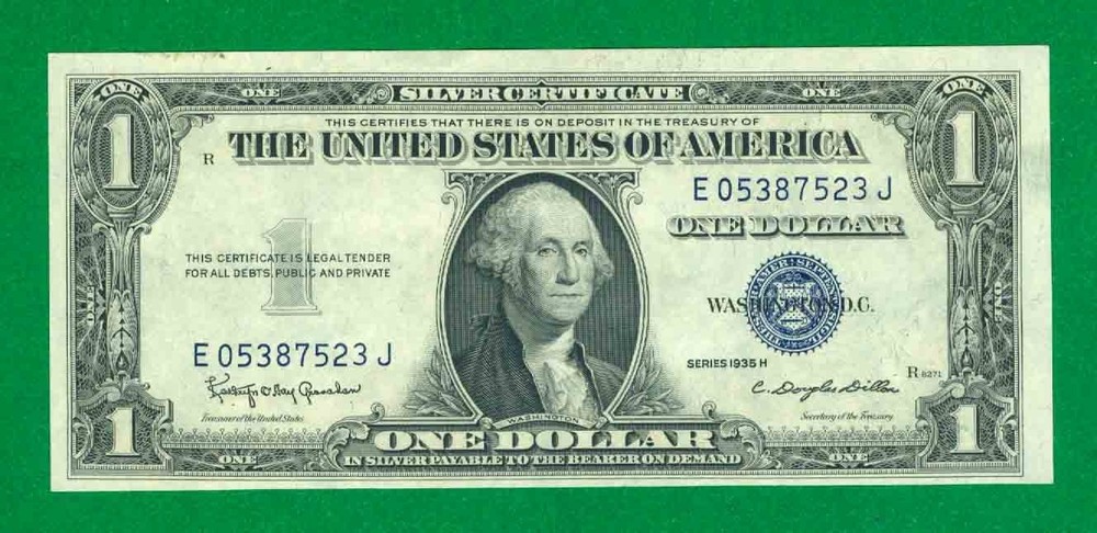$1 1935-H 1 E/J BLOCK BLUE SEAL SILVER CERTIFICATE CU.