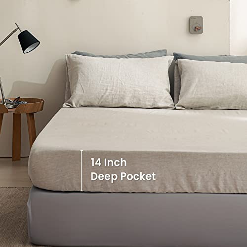 100% Linen Fitted Sheet Stone Washed Solid Color - (1 Piece) 14 inch Deep