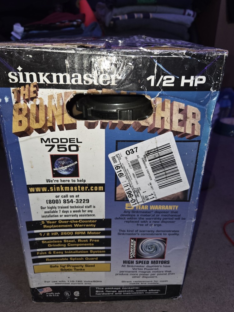 Sinkmaster Bone Crusher Gabage Disposal Model 750 Older Model New In Box