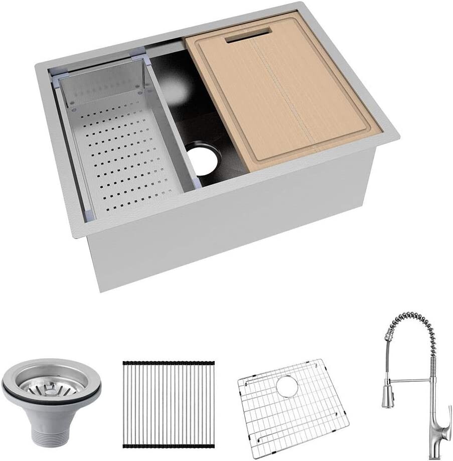 ​Glacier Bay 4303F-2 Undermount Workstation Kitchen Sink, Spring Neck Faucet