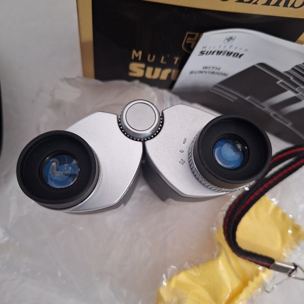 Multitech Survivor Silver Binoculars 8 x 22 Ruby Lens VGC (with case and covers)