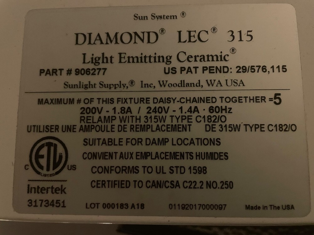 SUN SYSTEM LEC 315 LEC GROW LIGHT -used