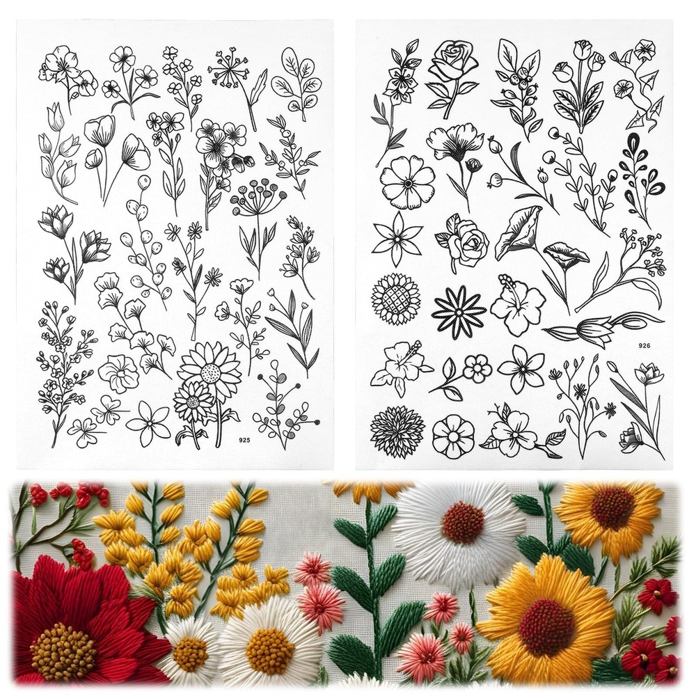 2 Sheets 53 PCS Embroidery Patterns Water Soluble, Stick and Stitch Embroider...
