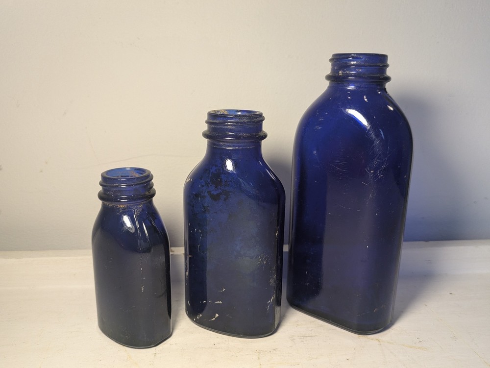 Three Vintage Blue Glass Bottle Small