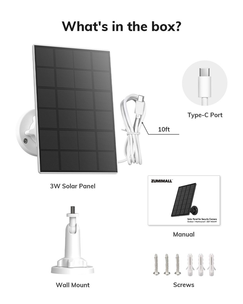 ZUMIMALL 3W Solar Panel for Security Cameras Type C Port