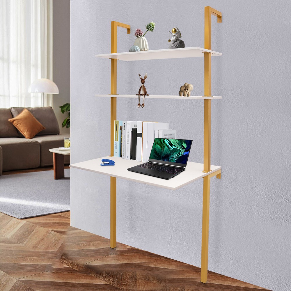 Wall Mount Writing Table 3-tier Computer Desk Storage Home Office w/ Power Strip