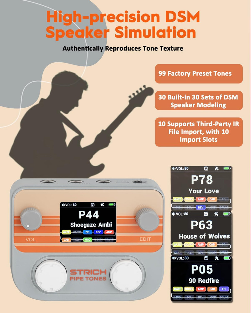 Pipe Tones Pocket Multi-Effects Processor for Guitar and Bass with 10 Effect Mod