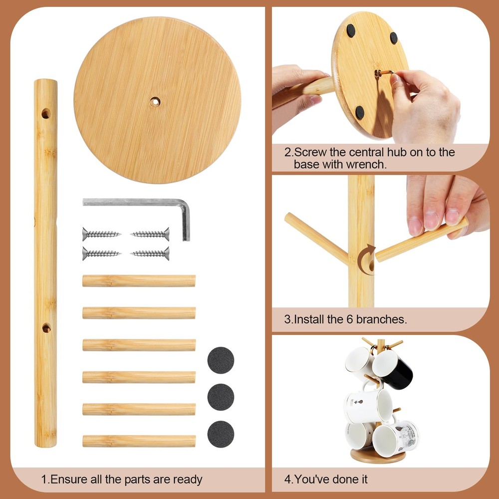 Bamboo Mug Holder, 6 Hooks Coffee Mug Holders Tree, Decorative Mug Racks for Cou