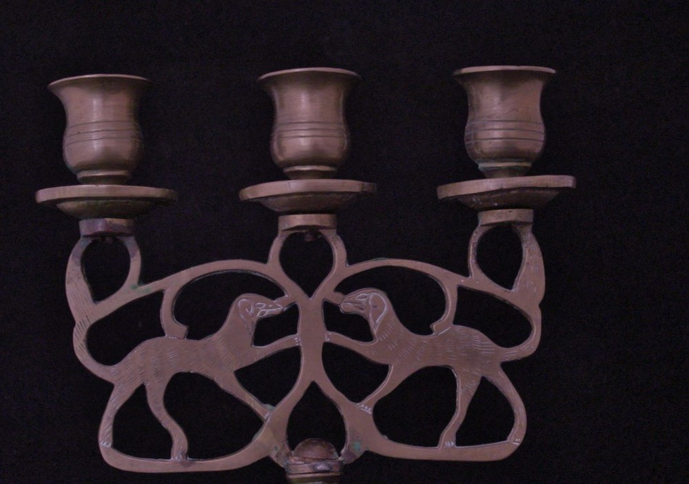 Antique Solid Brass Shabbat Three-Candle Candelabra with Dog Design - Superb!!