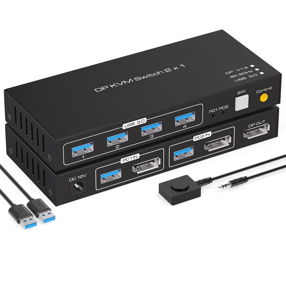 2x1 DP KVM Switch With USB Cable DC12V Power Adapter & External Switch Kit